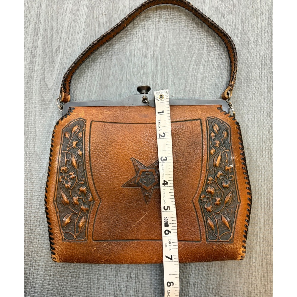 Vintage Meeker Made Tooled Leather OES Eastern Star Handbag Brown Masonic - Picture 7 of 15